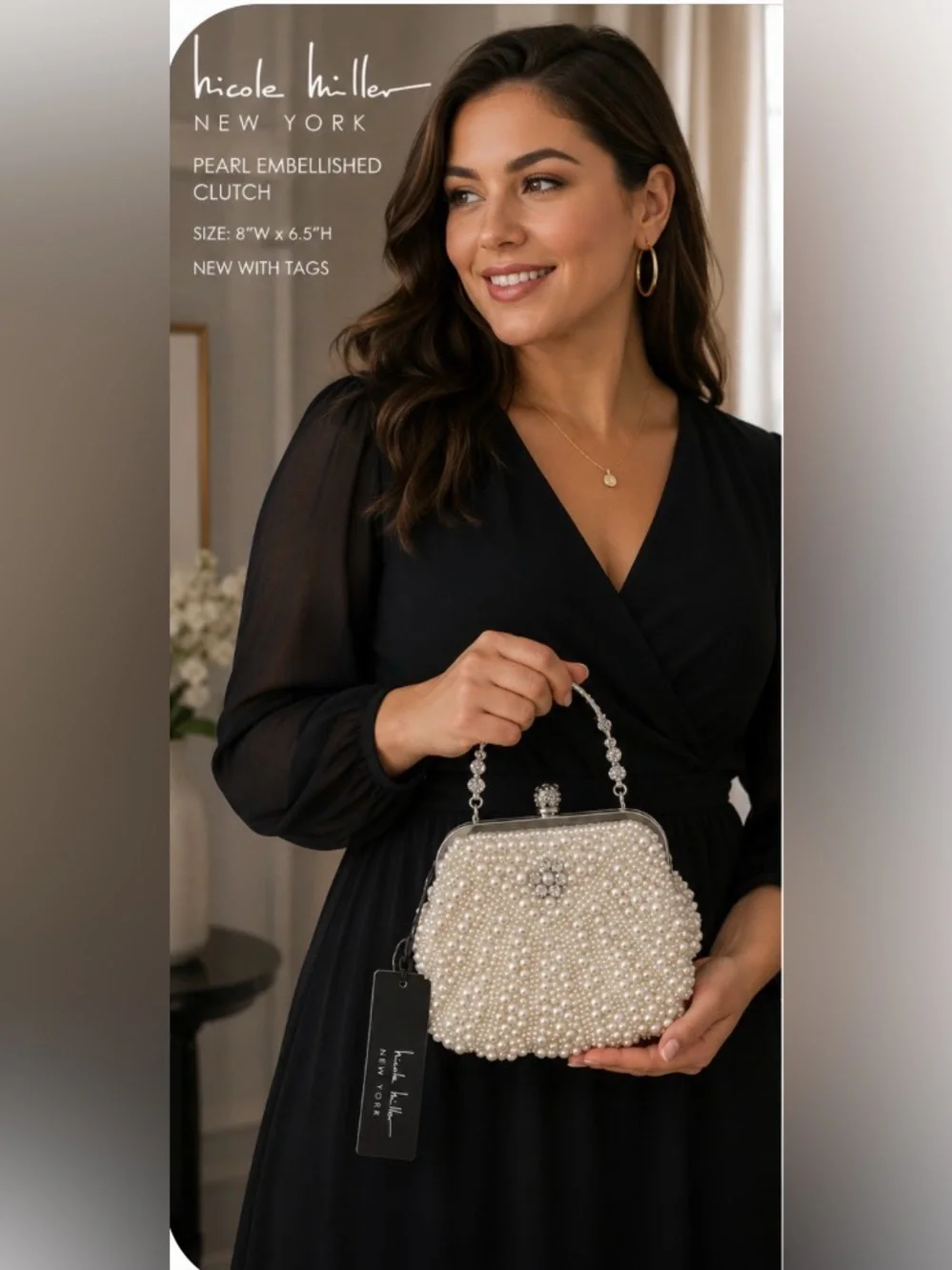 Nicole Miller Pearl-Embellished Ivory Clutch